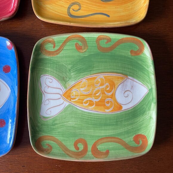 NWT Set of 4 Hand Painted Ceramic Square Appetizer Plates Fish Il Mare Italy - Picture 5 of 6